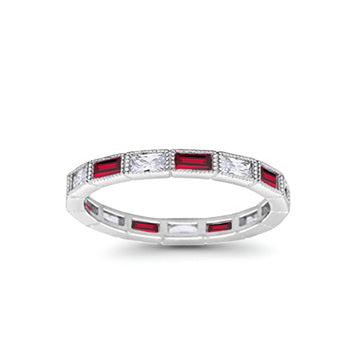 Art Deco Baguette Full Eternity Wedding Band Simulated Ruby CZ 925 Sterling Silver